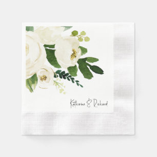 Elegant White Rose Personalised Wedding Cocktail Napkin