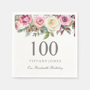 Elegant White Rose Pink Floral 100th Birthday Napkin