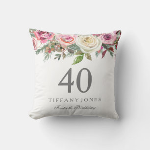Elegant White Rose Pink Floral 40th Birthday Cushion