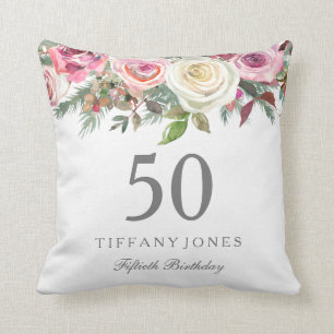 Elegant White Rose Pink Floral 50th Birthday Cushion