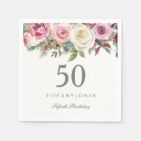 Elegant White Rose Pink Floral 50th Birthday