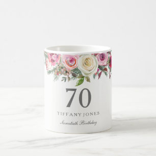 Elegant White Rose Pink Floral 70th Birthday Coffee Mug