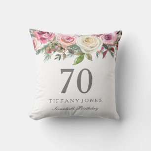 Elegant White Rose Pink Floral 70th Birthday Cushion