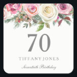 Elegant White Rose Pink Floral 70th Birthday Square Sticker<br><div class="desc">Elegant White Rose Pink Floral 70th Birthday favour seal Sticker

See Niche and Nest store for matching collection</div>