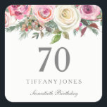 Elegant White Rose Pink Floral 70th Birthday Square Sticker<br><div class="desc">Elegant White Rose Pink Floral 70th Birthday favour seal Sticker

See Niche and Nest store for matching collection</div>