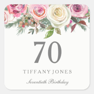 Elegant White Rose Pink Floral 70th Birthday Square Sticker