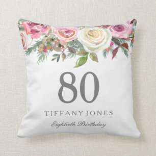 Elegant White Rose Pink Floral 80th Birthday Cushion