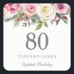 Elegant White Rose Pink Floral 80th Birthday Square Sticker<br><div class="desc">Elegant White Rose Pink Floral 80th Birthday favour seal Sticker

See Niche and Nest store for matching collection</div>