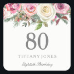 Elegant White Rose Pink Floral 80th Birthday Square Sticker<br><div class="desc">Elegant White Rose Pink Floral 80th Birthday favour seal Sticker

See Niche and Nest store for matching collection</div>