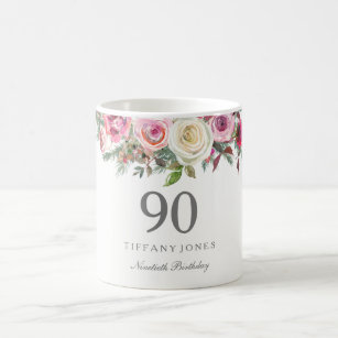 Elegant White Rose Pink Floral 90th Birthday Coffee Mug