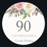 Elegant White Rose Pink Floral 90th Birthday Party Classic Round Sticker<br><div class="desc">Elegant White Rose Pink Floral 90th Birthday Party favour seal Sticker

See Niche and Nest store for matching collection</div>
