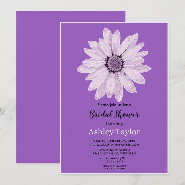 Elegant white rose purple floral Bridal Shower Invitation (Front/Back)