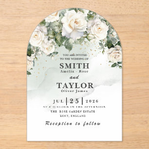 Elegant White Rose Sage Green Wedding Invitation