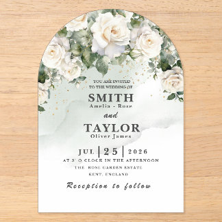 Elegant White Rose Sage Green Wedding Invitation