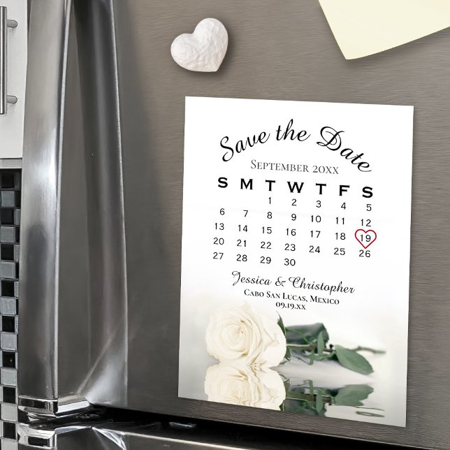 Elegant White Rose Save the Date Calendar Magnet (On Refrigerator)