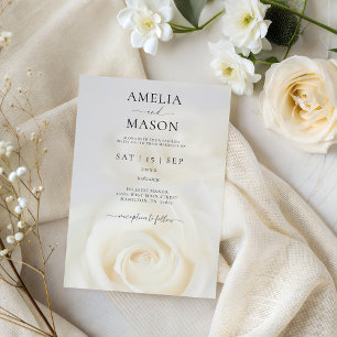 Elegant White Rose Script Wedding Invitation