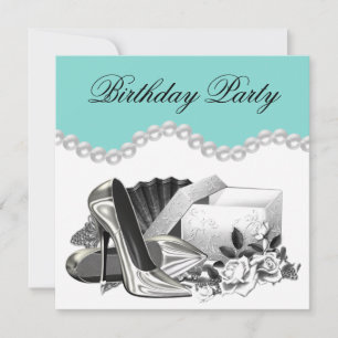 Elegant White Rose Teal Blue Birthday Party Invitation