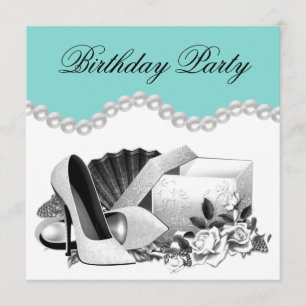 Elegant White Rose Teal Blue Birthday Party Invitation