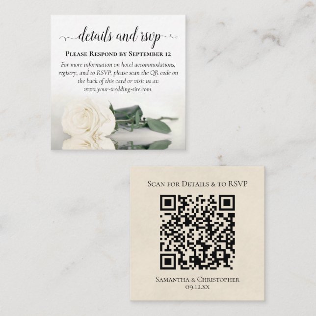 Elegant White Rose Wedding Details & RSVP QR Code Enclosure Card (Front/Back)