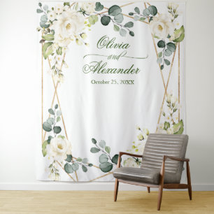 Elegant White Rose Wedding Photo Booth Backdrop Tapestry