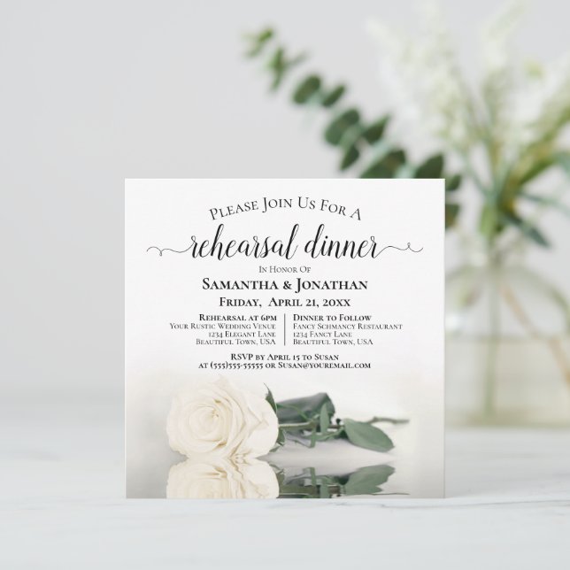 Elegant White Rose Wedding Rehearsal & Dinner Invitation (Standing Front)