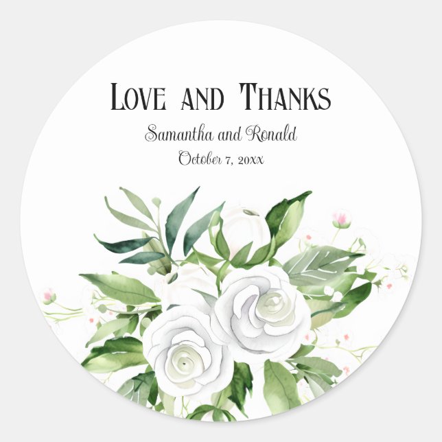 Elegant White Roses and Baby's Breath Wedding Classic Round Sticker (Front)
