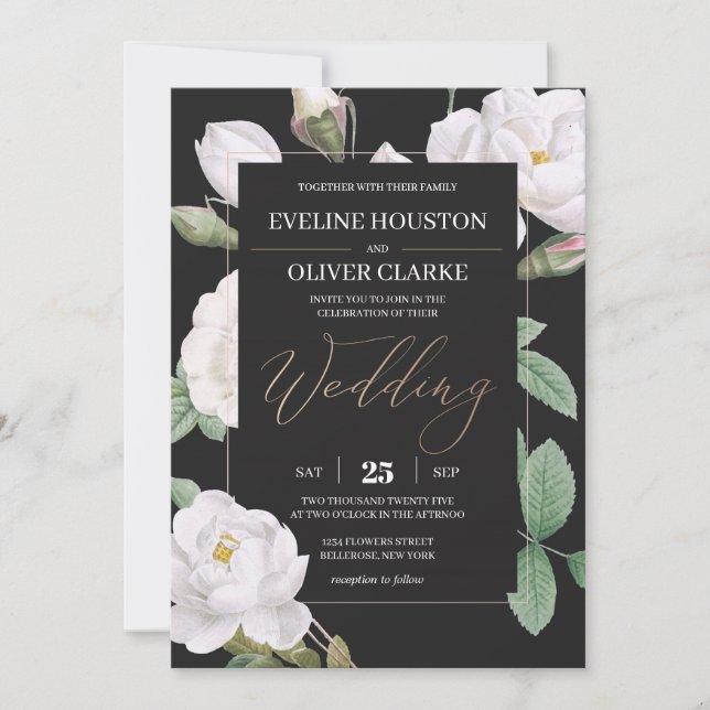 Elegant white roses and black background floral invitation (Front)