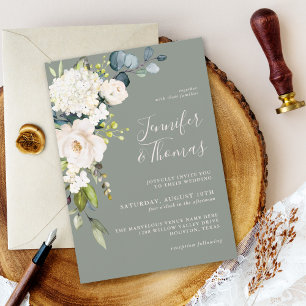 Elegant White Roses and Hydrangeas Floral Wedding Invitation
