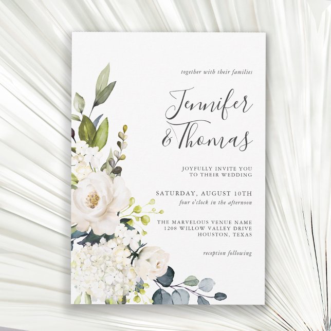 Elegant White Roses and Hydrangeas Floral Wedding Invitation (Creator Uploaded)