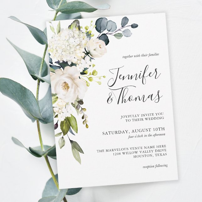 Elegant White Roses and Hydrangeas Floral Wedding Invitation (Creator Uploaded)