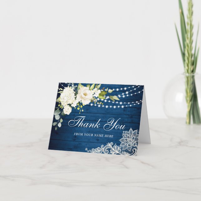 Elegant White Roses and Lace Rustic Wood Thank You Card (Front)