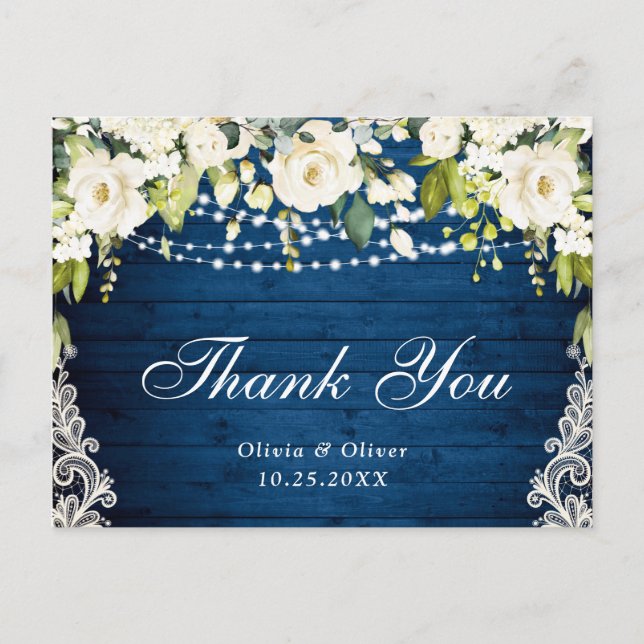 Elegant White Roses and Lace Rustic Wood Thank You Postcard (Front)