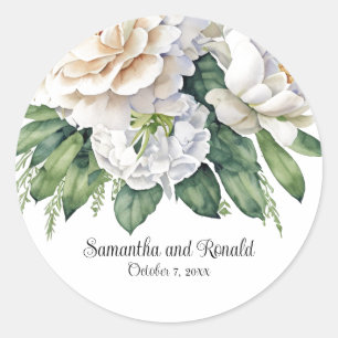 Elegant White Roses and Peonies Wedding Classic Round Sticker