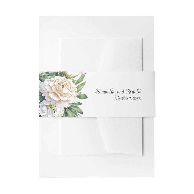 Elegant White Roses and Peonies Wedding Invitation Belly Band (Front Example)