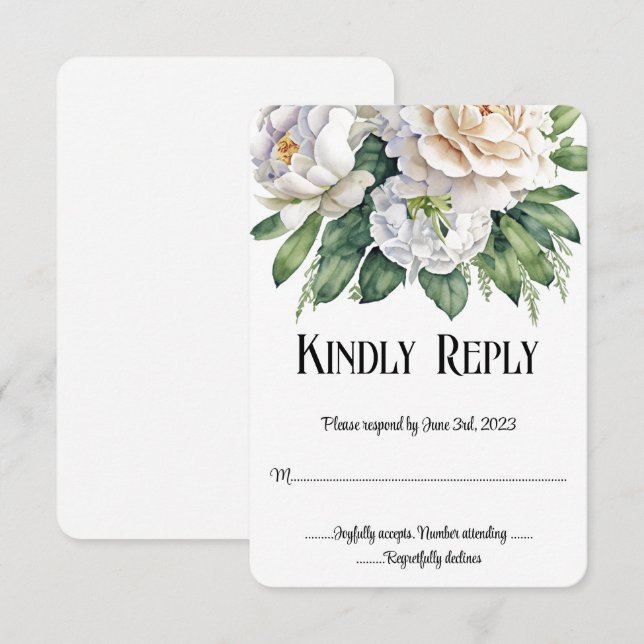Elegant White Roses and Peonies Wedding RSVP Card (Front/Back)