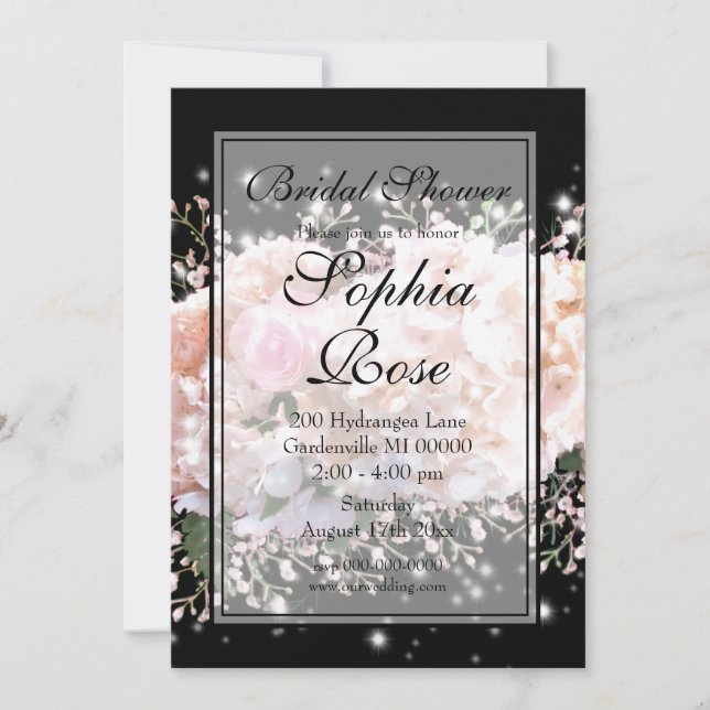 Elegant white roses babies breath bridal shower invitation (Front)