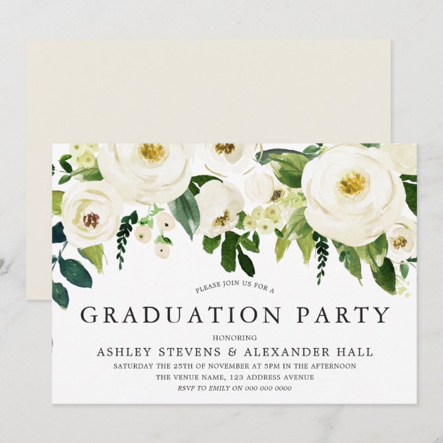 Elegant White Roses Beautiful Graduation Party Invitation (Front/Back)
