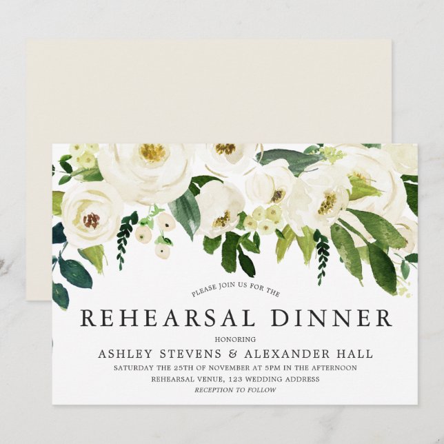 Elegant White Roses Beautiful Rehearsal Dinner Invitation (Front/Back)