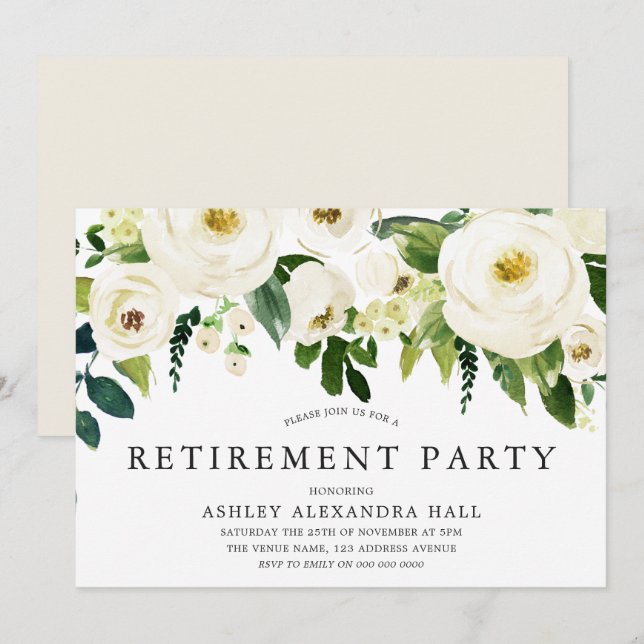 Elegant White Roses Beautiful Retirement Party Invitation (Front/Back)