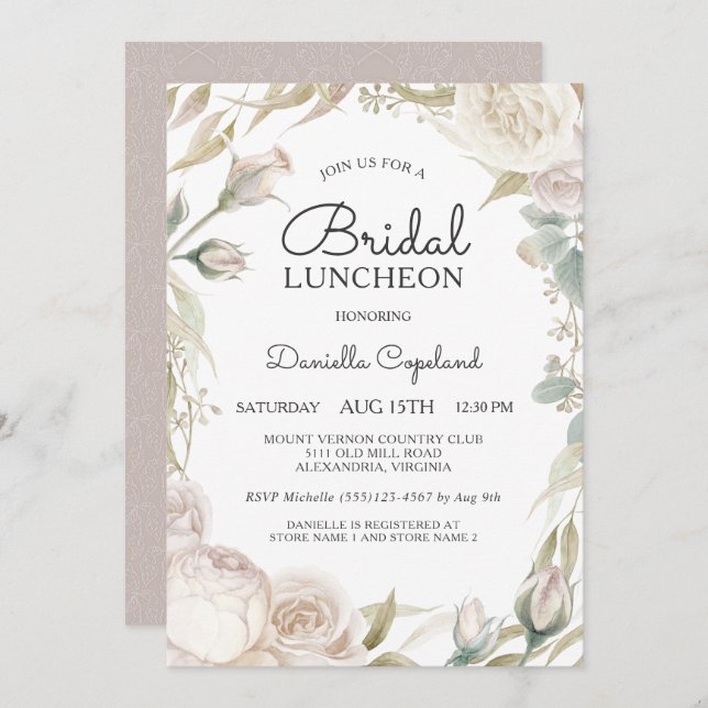 Elegant White Roses Bridal Luncheon Invitation (Front/Back)