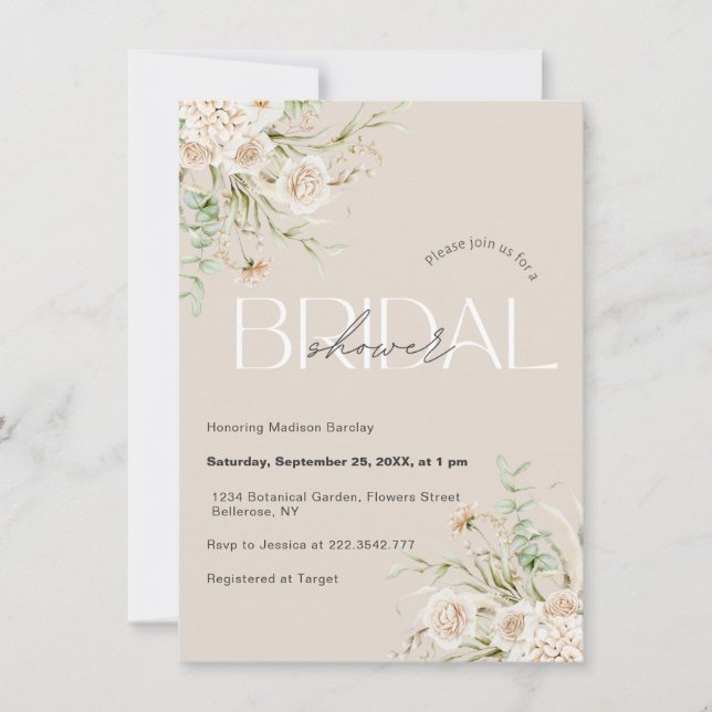 Elegant White Roses Bridal Shower Invitation (Front)
