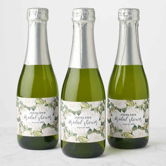 Elegant White Roses Bridal Shower Sparkling Wine Label (Bottles)