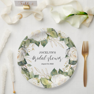 Elegant White Roses Bridal Shower Square Paper Plate