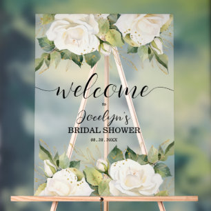 Elegant White Roses Bridal Shower Welcome Acrylic Sign