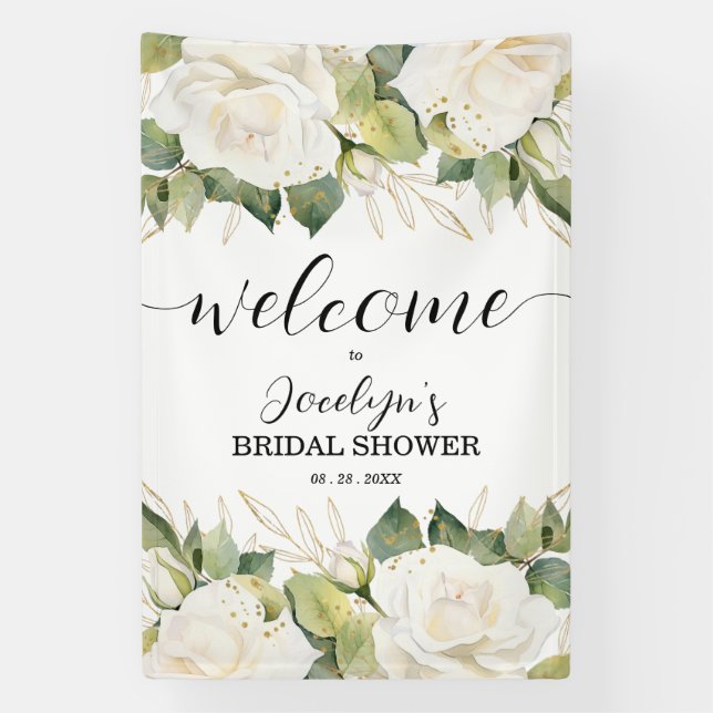 Elegant White Roses Bridal Shower Welcome Banner (Vertical)