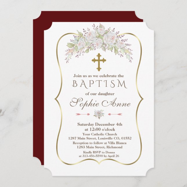Elegant White Roses Burgundy Gold Baptism Invitation (Front/Back)