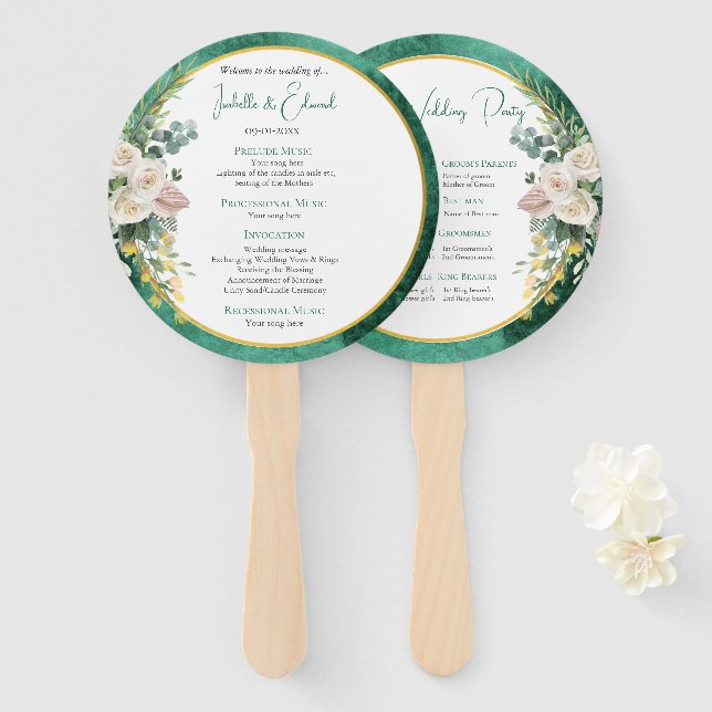 Elegant White Roses Emerald Green Wedding Ceremony Hand Fan (Front and Back)