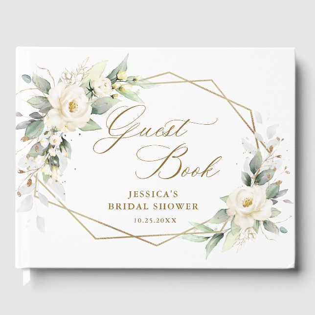 Elegant White Roses Eucalyptus Bridal Shower Guest Book (Front)