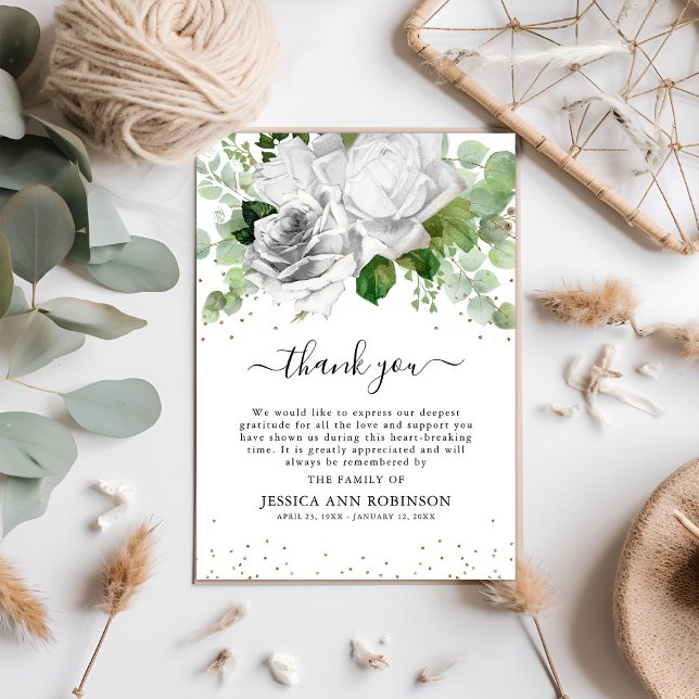 Elegant White Roses & Eucalyptus Greenery Sympathy Thank You Card (Creator Uploaded)