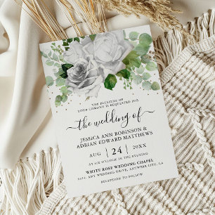 Elegant White Roses & Eucalyptus Greenery Wedding Invitation